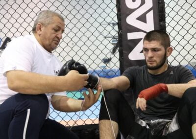 khabib father Abdulmanap Nurmagomedov help khabib to take gloves
